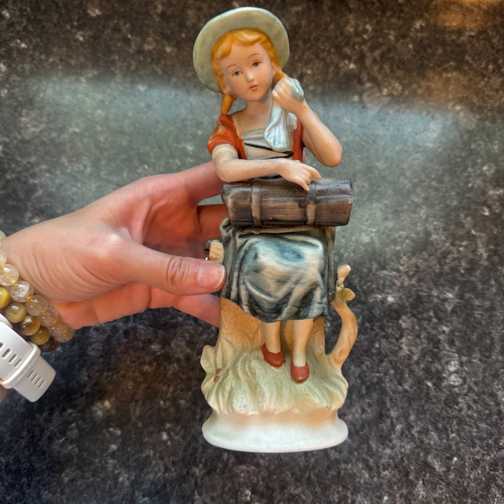 Vintage Bisque Porcelain Girl Traveler Figurine Korea Hand Painted 7.75 Inch